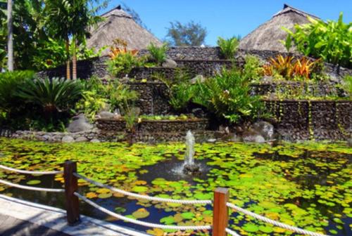 a garden with a pond with a fountain in it at Leili Home - Papeete in Papeete