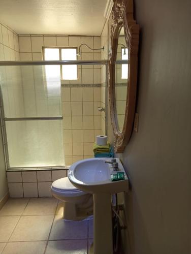 uma casa de banho com um lavatório, um WC e um espelho. em Departamento #11 em San Felipe