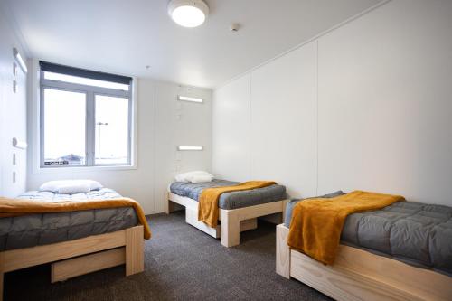 a room with three beds and a window at The Brownston Hostel in Wanaka