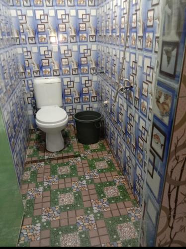 a bathroom with a toilet and a tile wall at Ustin Nagoya Bukit Lawang Orangutan Trekking & transport You can only stay at the hotel if you book your trekking with us in Bukit Lawang