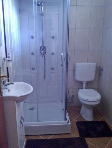 a bathroom with a shower and a toilet and a sink at Kotor Kelly Apartments in Kotor
