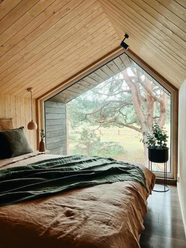 ein Schlafzimmer mit einem großen Fenster in einem Haus in der Unterkunft Bird nest in Undva