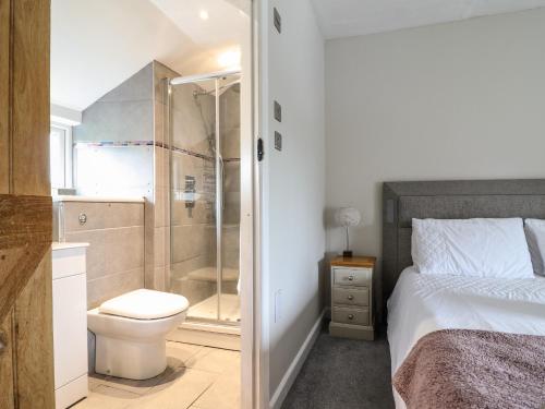 uma casa de banho com uma cama, um chuveiro e um WC. em Rhydygaled em Llanarmon-Mynydd-mawr