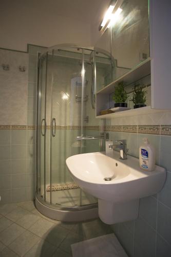 a bathroom with a glass shower and a sink at B&B Celestina Ischia in Ischia