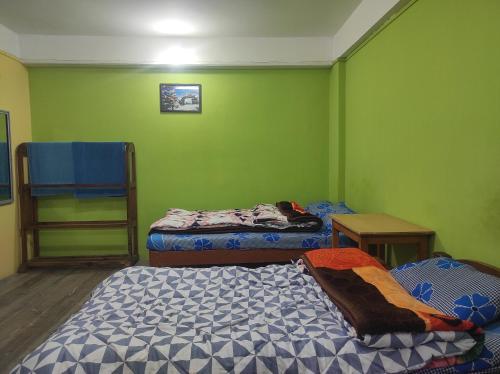 two beds in a room with green walls at Hotel Amala in Tawang