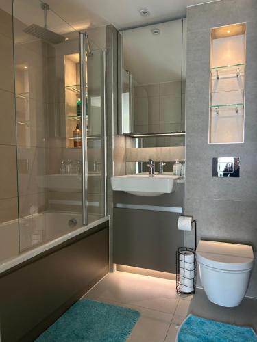 La salle de bains est pourvue de toilettes, d'un lavabo et d'une douche. dans l'établissement Luxury Riverside Apt with easy access to Central London, O2, Excel centre and Parking, à Woolwich