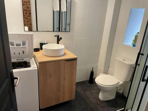 une petite salle de bain avec toilettes et lavabo dans l'établissement Charmante maison de pecheur dans le Golfe du Morbihan, à Arzon