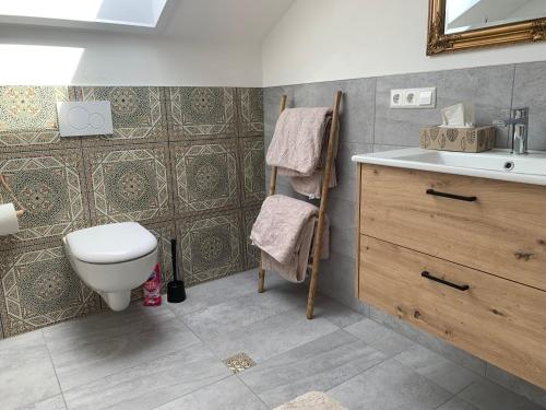 a bathroom with a toilet and a sink at Ferienwohnungen mama ELVA in Leutkirch im Allgäu