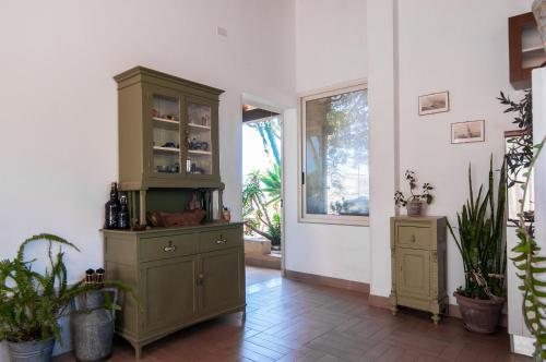 a room with a green cabinet and some plants at Villa Bruffalori in Sampieri