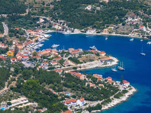 an aerial view of a harbor with boats in the water at Villa Apollo up to 8px, private pool in Fiskardho
