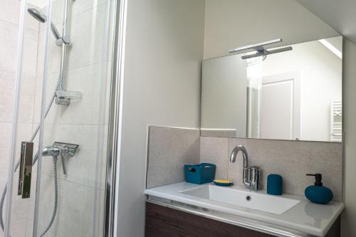 a bathroom with a sink and a shower with a mirror at Gîte du Val d'Anglin au calme à 7 km de Le Blanc in Mauvières