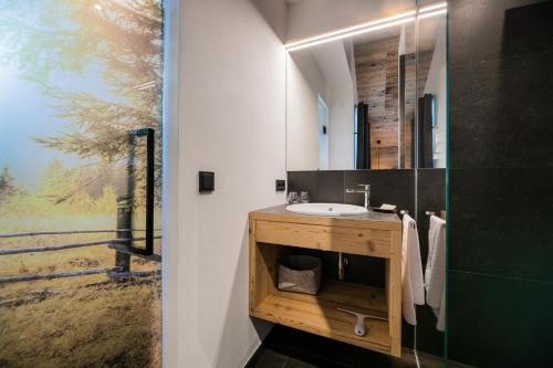 a bathroom with a sink and a mirror at Chalet Ortles M in San Valentino alla Muta