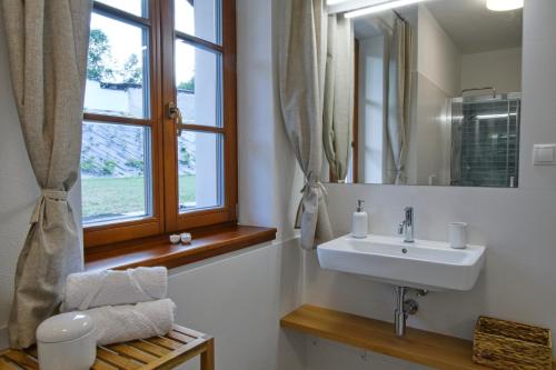 a bathroom with a sink and a mirror and a window at Chalupa Pod Šerovnou in Prachatice