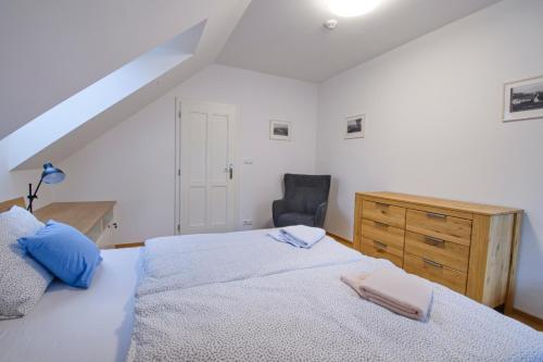 a bedroom with a bed and a desk and a chair at Chalupa Pod Šerovnou in Prachatice