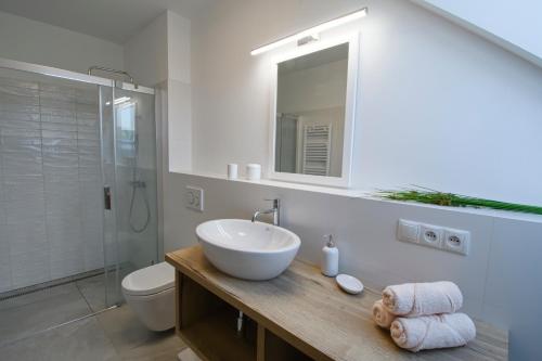 a bathroom with a sink and a toilet and a mirror at Chalupa Pod Šerovnou in Prachatice