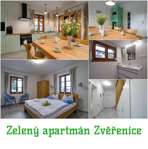 a collage of pictures of a kitchen and a bedroom at Chalupa Pod Šerovnou in Prachatice