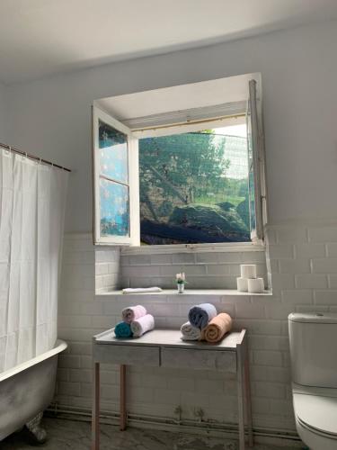 baño con lavabo y ventana en Apartamentos Rurales Corias, en Corias