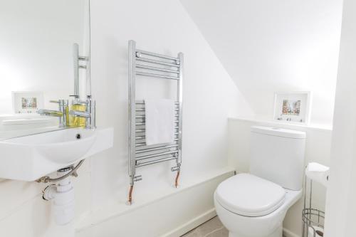 a white bathroom with a toilet and a sink at 20 Montpellier Flat 2 in Cheltenham