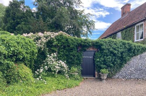 a house with a hedge with a door and flowers at Grange Farm in Thetford