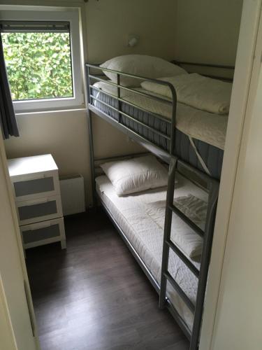 a bunk bed room with two bunk beds and a window at Forest Family 6 persoons op 5 sterren park in Beekbergen