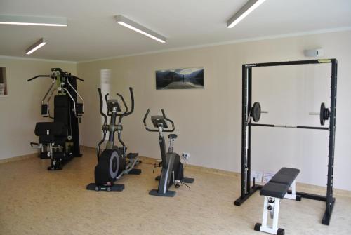 a gym with several exercise bikes and a mirror at Dei Hotel Schönblick in Velden am Wörthersee