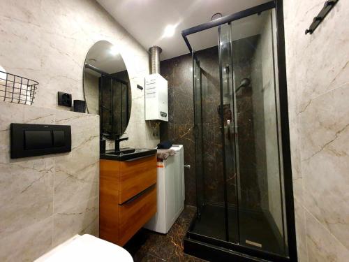 y baño con ducha y lavamanos. en HappyStay Gold en Gliwice