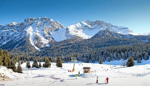 eine Gruppe von Menschen, die auf einem schneebedeckten Berg Ski fahren in der Unterkunft [Campiglio] Appartamento Cristallo in Madonna di Campiglio