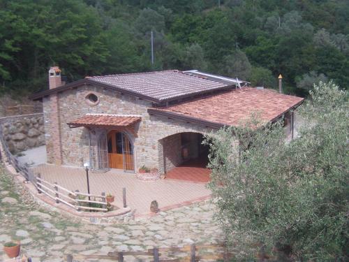 CiceraleにあるAgriturismo Spinaruccoliの赤いパティオ付きの小さな石造りの家