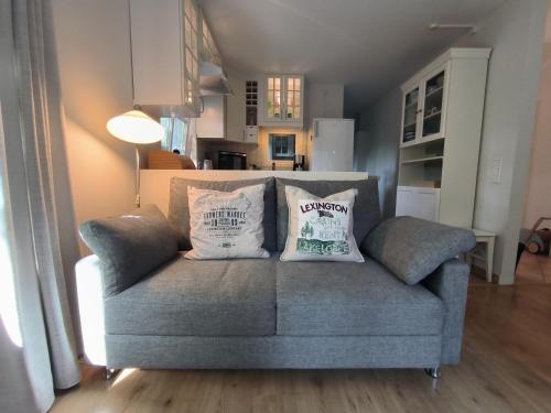 a couch in a living room with two pillows on it at Ferienhaus Inger in Tarp