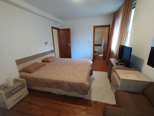 sypialnia z łóżkiem i telewizorem w obiekcie Cosy Eagle's Nest apartment w mieście Bansko