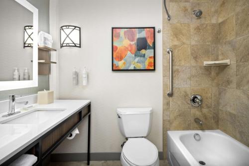 a bathroom with a sink and a toilet and a shower at Hilton Garden Inn Missoula in Missoula