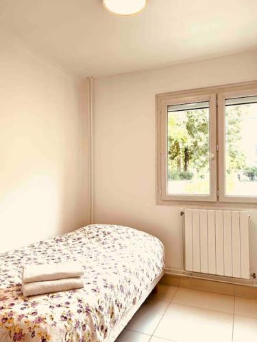 a bedroom with a bed and two windows at 2 chambres proche de transport in La Courneuve