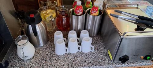 a counter top with a group of bottles on it at Pension Fami Retro Design in Staré Splavy