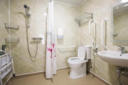 a bathroom with a shower and a toilet and a sink at The Coach House Hotel in Pembroke