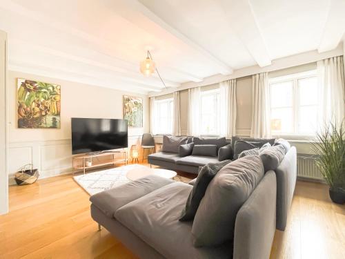 a living room with a couch and a flat screen tv at Family-Friendly Flat Near Tivoli Gardens in Copenhagen