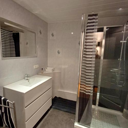 une salle de bain blanche avec un lavabo et une douche dans l'établissement Esterline, à Hautvillers