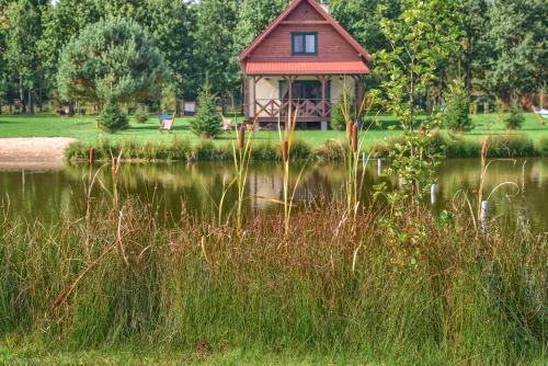a small house with a red roof next to a pond at Rentynówka in Gietrzwałd