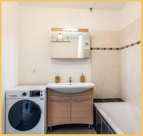 a small kitchen with a washing machine and a sink at Chez Hubert I Proche Genève I Beaumont in Beaumont