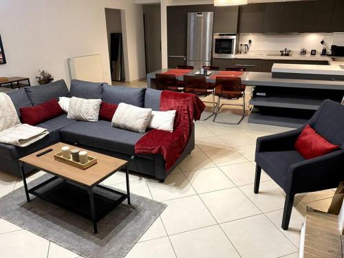Il comprend un salon avec un canapé et une cuisine. dans l'établissement Spacious and Sunkissed 3BR & 2 Bathrooms Apartment, à Athènes