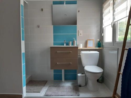 uma casa de banho com um WC e um lavatório em Duplex de 24m2 classé 2 étoiles à 2km d'Aubenas em Aubenas