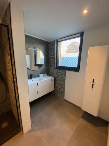 a bathroom with a sink and a mirror and a window at Les Quais de la Vesdre in Verviers