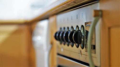 a close up of a stove top oven at Spacious and quiet apartment in Skopje
