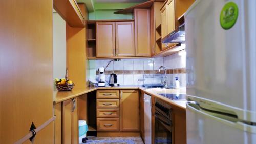 een keuken met houten kasten en een witte koelkast bij Spacious and quiet apartment in Skopje