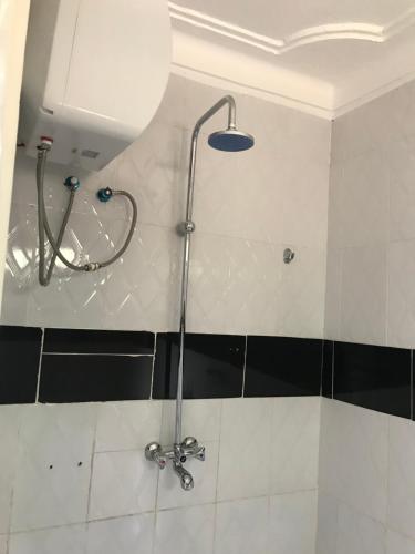 a shower in a bathroom with black and white tiles at The Fortuna Hotel and Cafe in Kabale