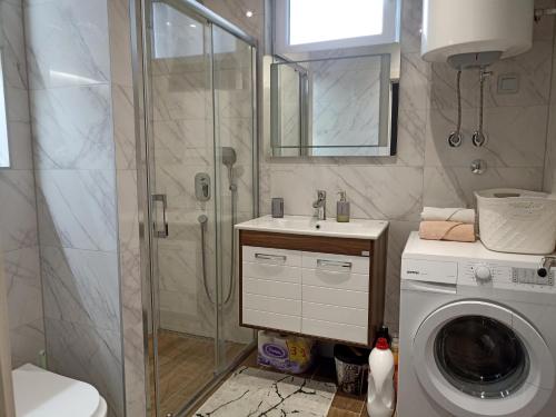 a bathroom with a shower and a washing machine at Lux Apartment Sarajevo in Sarajevo