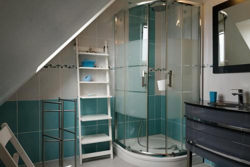 une salle de bain avec une douche, des toilettes et un lavabo dans l'établissement Ty Tiegezh Gîte TiDastum, à Créhen