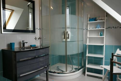 bagno con doccia in vetro e lavandino di Ty Tiegezh Gite Balafenn a Créhen