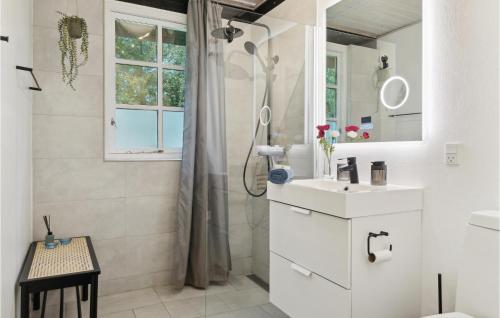 a white bathroom with a shower and a sink at Gorgeous Home In Hadsund With Wifi in Hadsund