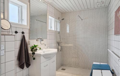 biała łazienka z umywalką i prysznicem w obiekcie Awesome Home In Pandrup With Kitchen w mieście Rødhus