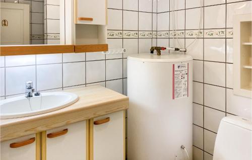 La petite salle de bains est pourvue d'un évier et d'un réfrigérateur. dans l'établissement Nice Home In Midsund With Kitchen, à Misund